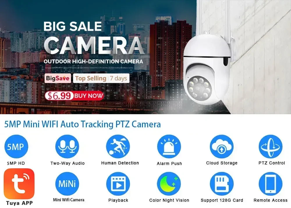 TUYA 5MP Smart Life CCTV Wifi cámara inalámbrica cámaras de vigilancia de seguridad al aire libre Color nocturno AI seguimiento inteligente Audio bidireccional